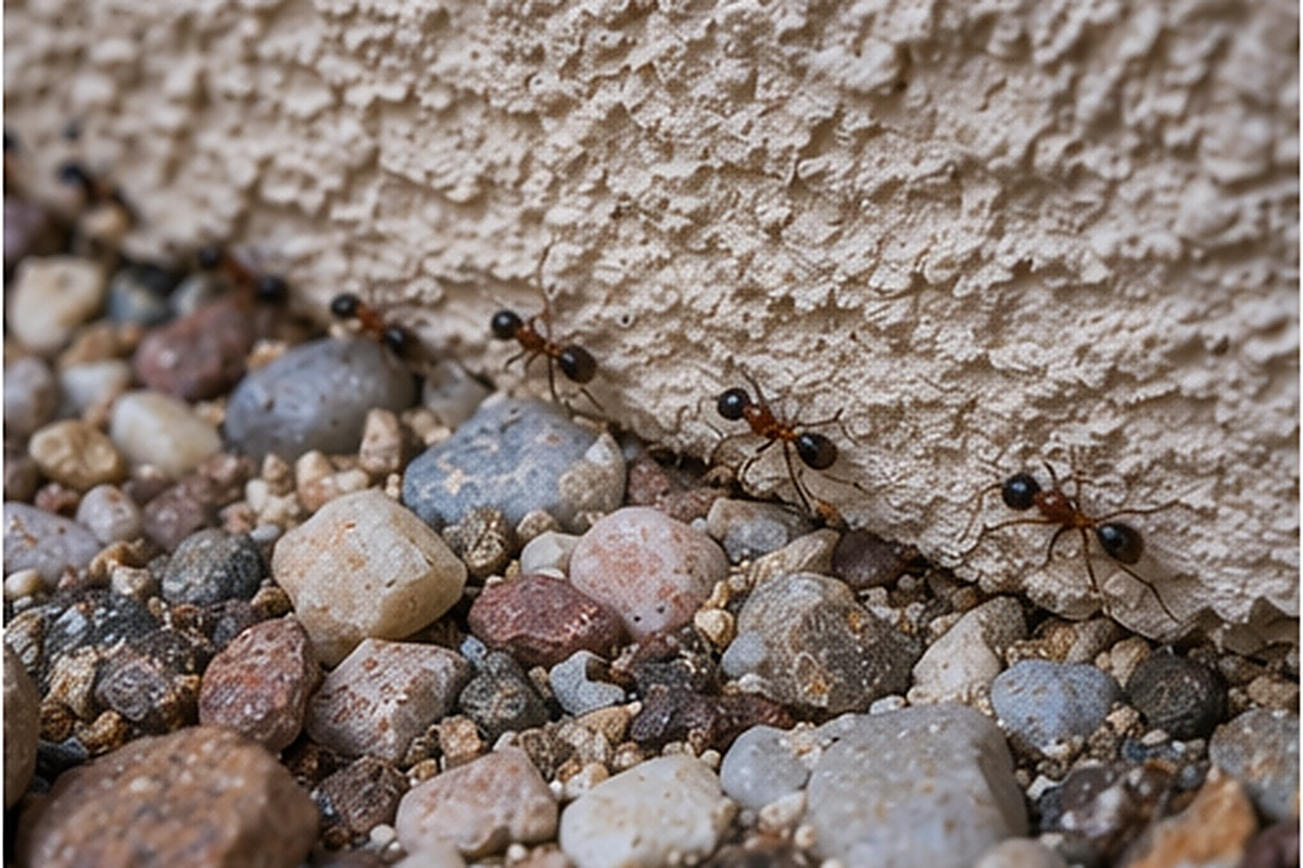 Hormigas entrando por grieta en base de muro exterior