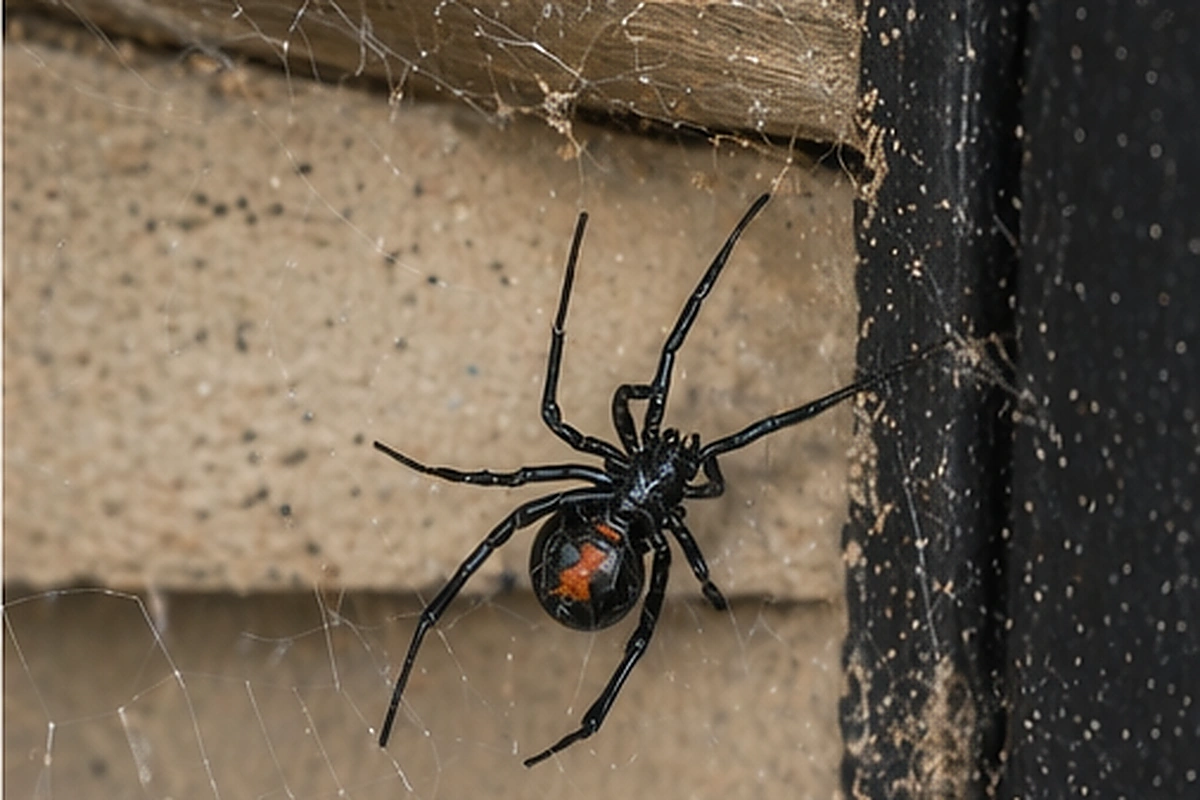 Viuda negra en rincón de garaje